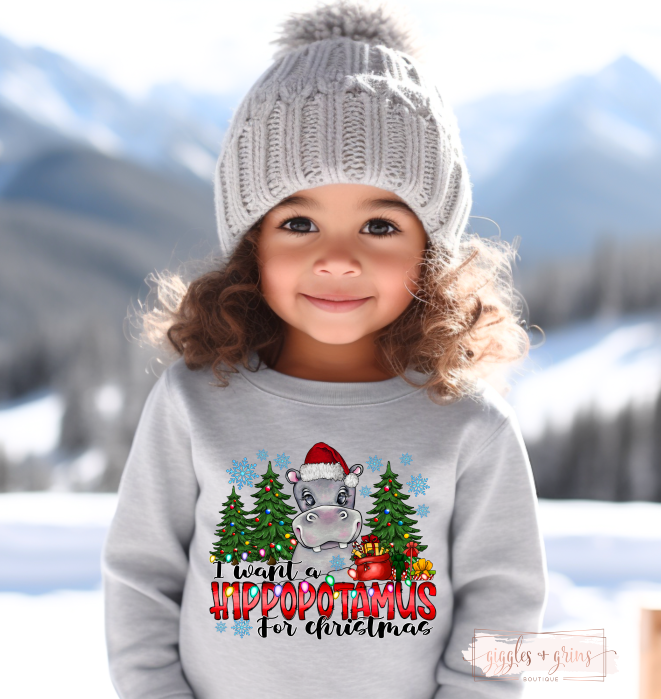 Kids I want a Hippopotamus for Christmas- Sport Gray