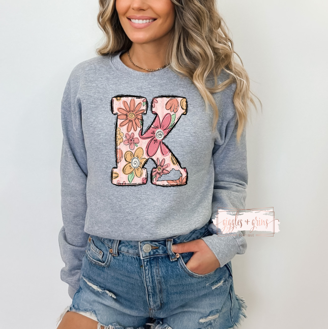 "K" Pink Floral-Light Gray