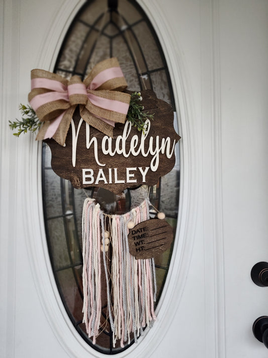 Baby Dreamcatcher Name Door Hanger/ Baby Stats Plaque/ Newborn Name Wood Sign/ Kids Name Sign/ Newborn/ Hospital Sign/Welcome Baby Sign